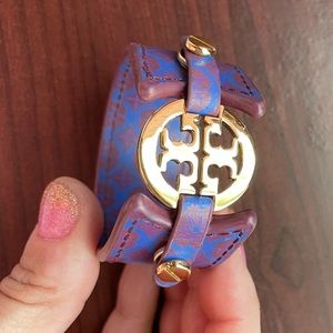Tory Burch Gold TT logo double snap cuff leather